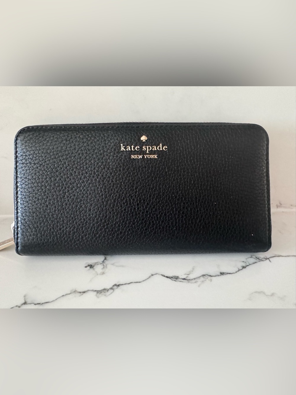 kate spade Black Leather Zip Wallet with Gold Logo